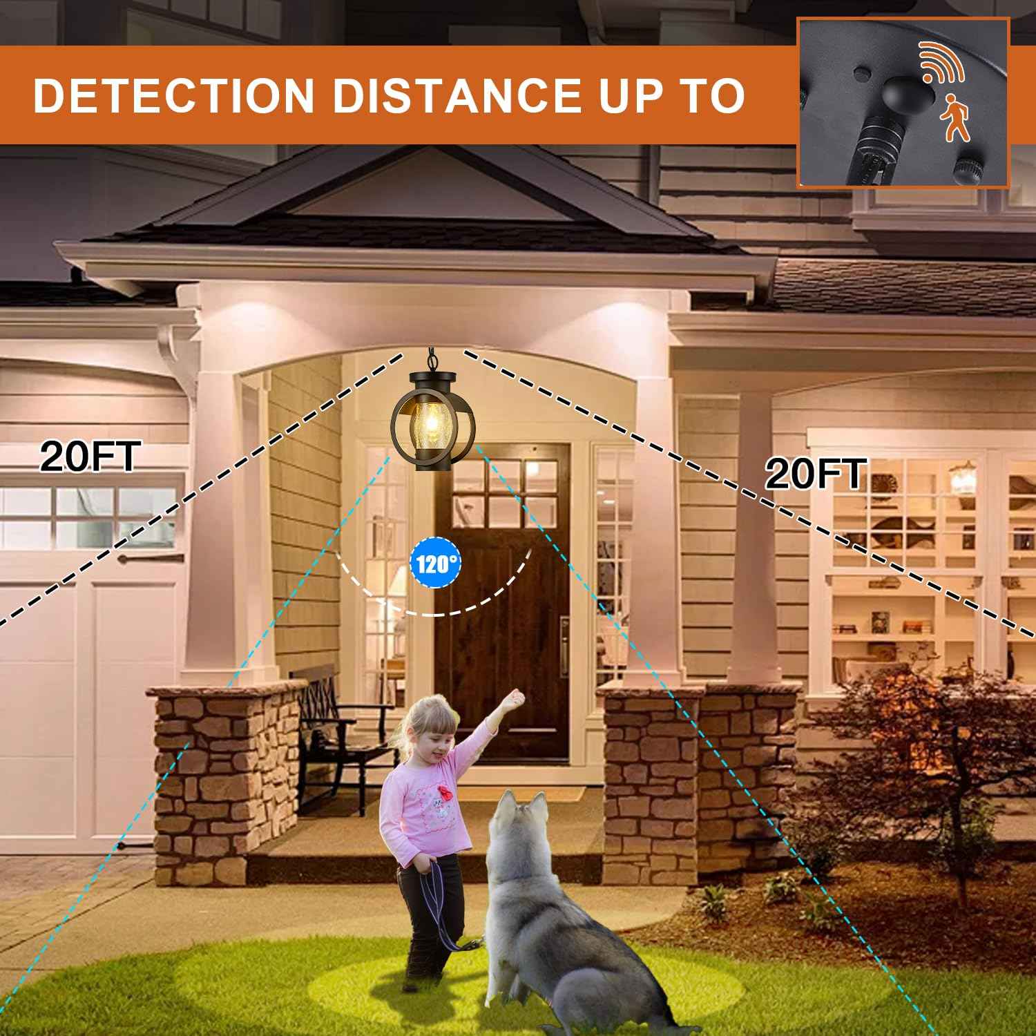 Motion Sensor Outdoor Pendant Light Fixture, Farmhouse Exterior Hanging Lamp with Adjustable Chain, Anti-Rust Aluminum Outdoor Chandelier, Large Exterior Ceiling Mount Hanging Light for Entryway,Porch