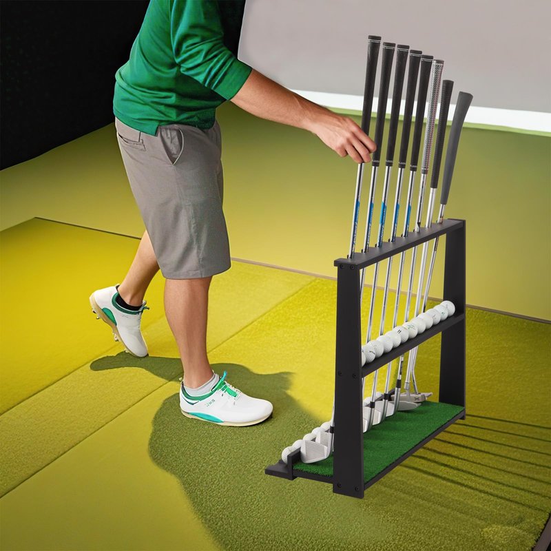 EnigmaSoul Wooden Golf Putter Stand with Ball Storage - Holds 8 Clubs & 22 Golf Balls, Space-Saving Golf Club Holder for Indoor/Home/Office/Simulator/Driving Range - Golf Accessories & Training Aid