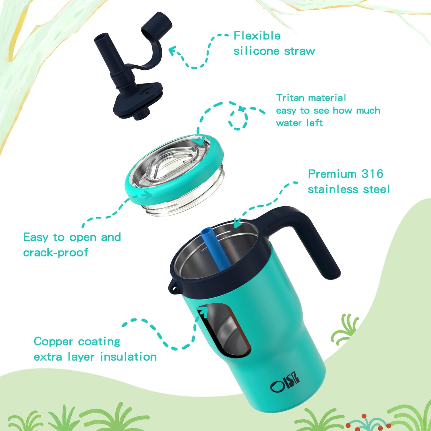 OISIZ 14oz Kids Tumbler with Straw Lid & Handle,Kids Cup with Animal Accessory for School,Kids Water Bottles with Dust-proof Cover,Leakproof Bottles,316 Stainless Steel,Keep Cold 24 Hours-dark green