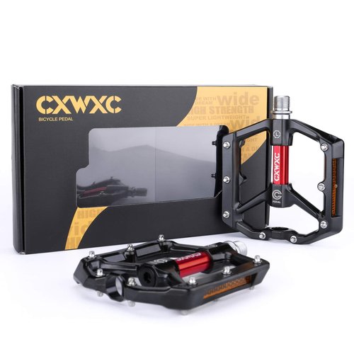 CXWXC Road/MTB Bike Pedals - Aluminum Alloy Bicycle Pedals - Mountain Bike Pedal with Removable Anti-Skid Nails (A: Black-Red)