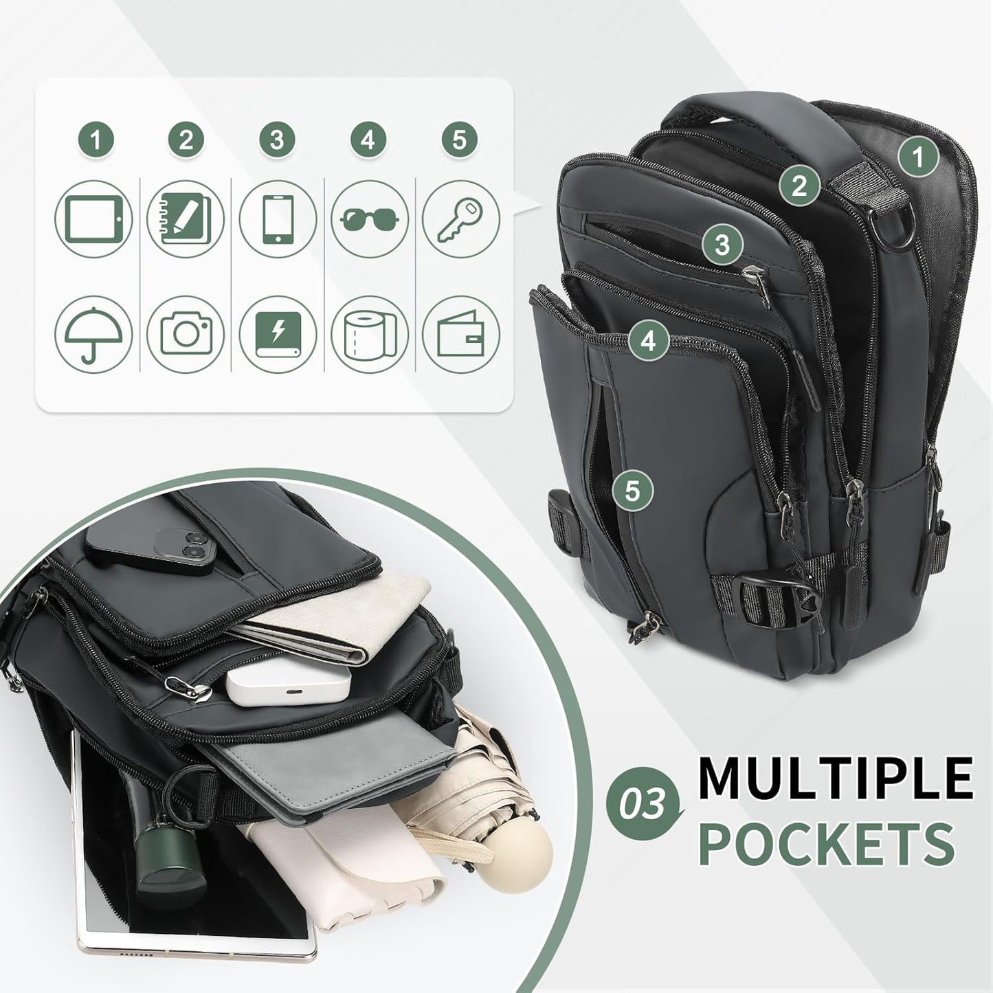 Skiennix Anti-Theft Crossbody Backpack - Lightweight Convertible Sling Bag for 9.7-Inch Tablet | Grey