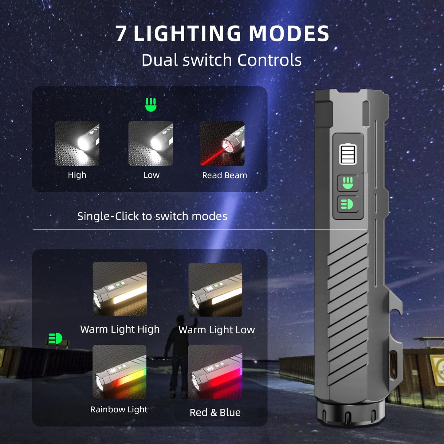 RYCELYSIAN EDC Flashlight Rechargeable with 1600 Lumens 7 LED Modes Magnetic Base and Bottle Opener Waterproof Small Flashlight with Red Beam for Home Outdoor Camping and Emergency（Black