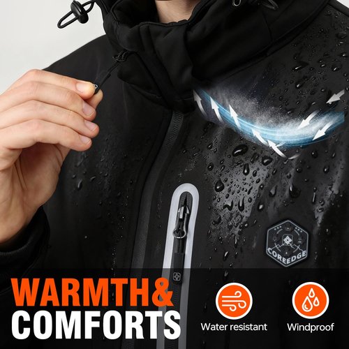 COREEDGE Men's Heated Jacket with Battery Pack, Windproof Waterproof Electric Coat | 3 Heat Settings | for Outdoor, Work, Camping (US, Alpha, Large, Regular, Regular, Black)