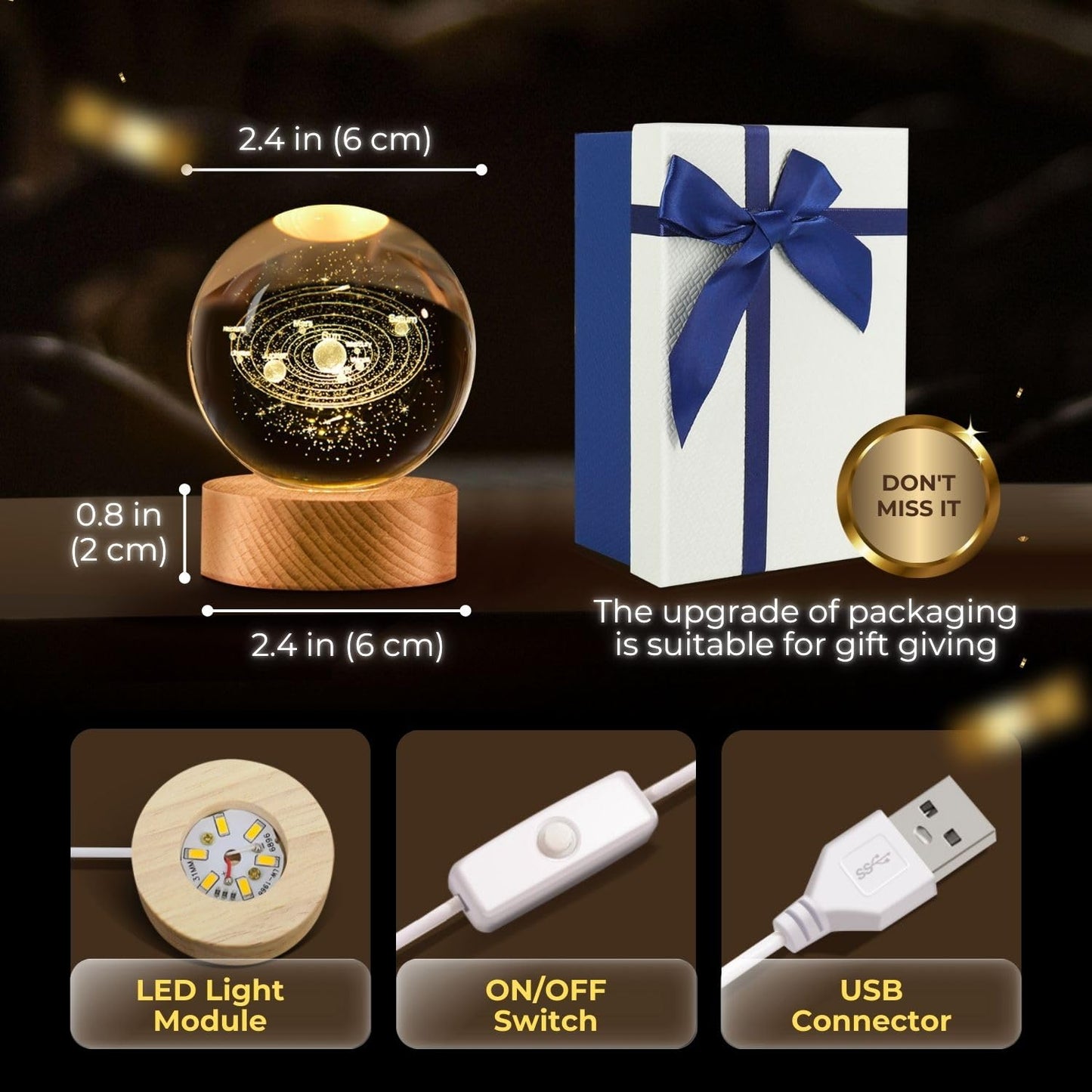 Flexzion 3D Solar System Crystal Ball Night Light - LED Light Hologram Glass Lamp with Solid Wood Base, USB Powered Crystal Ball Lamp w/Adjustable Brightness for Home Decor Display Gift,2.4inch(60mm)