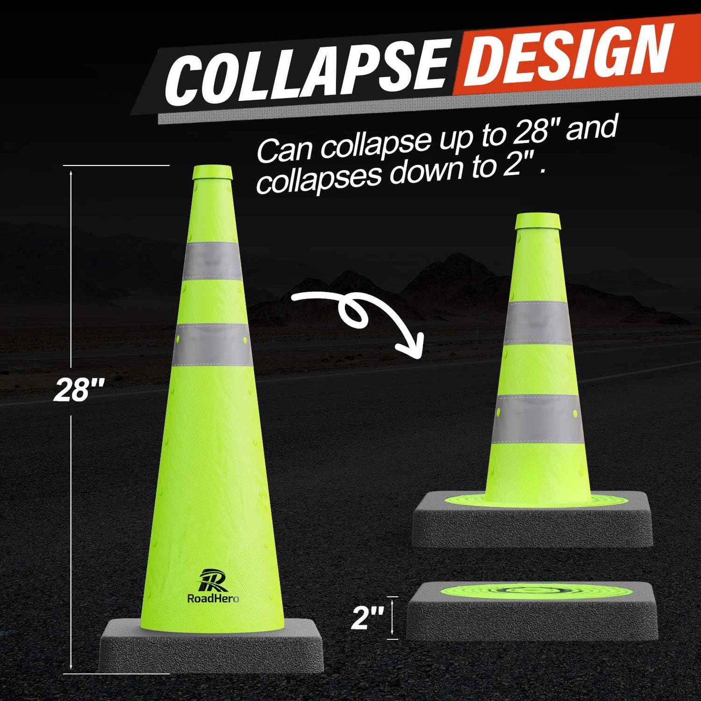28 Inch Collapsible Traffic Safety Cones - Weighted Base & Reflective Collars, 4 Pack
