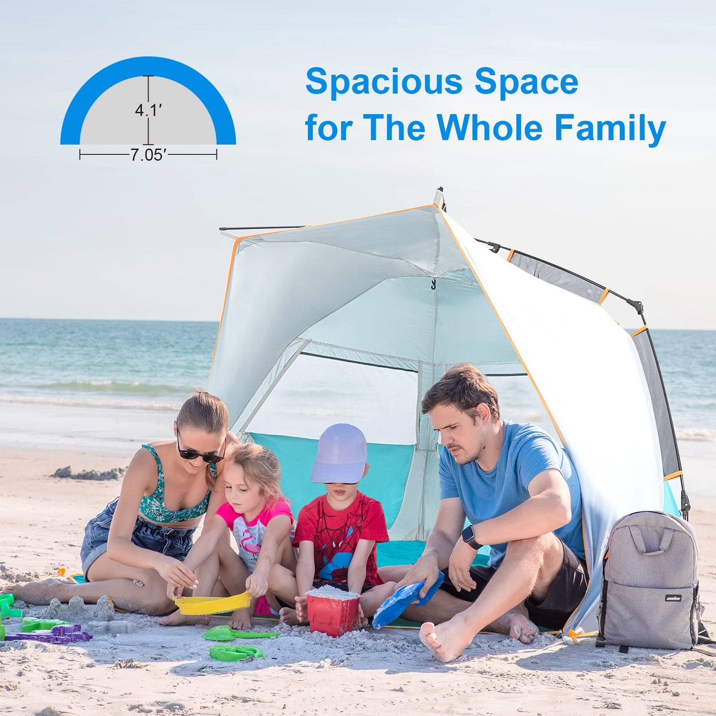 Wolfwise Instant Beach Tent Sun Shelter with Zippered Extendable Porch for Privacy, Portable with Carrying Bag, Easy Setup Pop up Beach Shade for 3-4 Person, 85 x45x49 IN, Blue