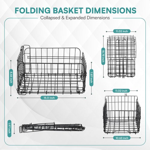 PIREKZUNT Folding Bike Rear Basket, Metal Ebike Basket Rear with PU Liner Bag and Waterproof Cover, Quick Release Design E Bike Frame for Men and Women Bicycle