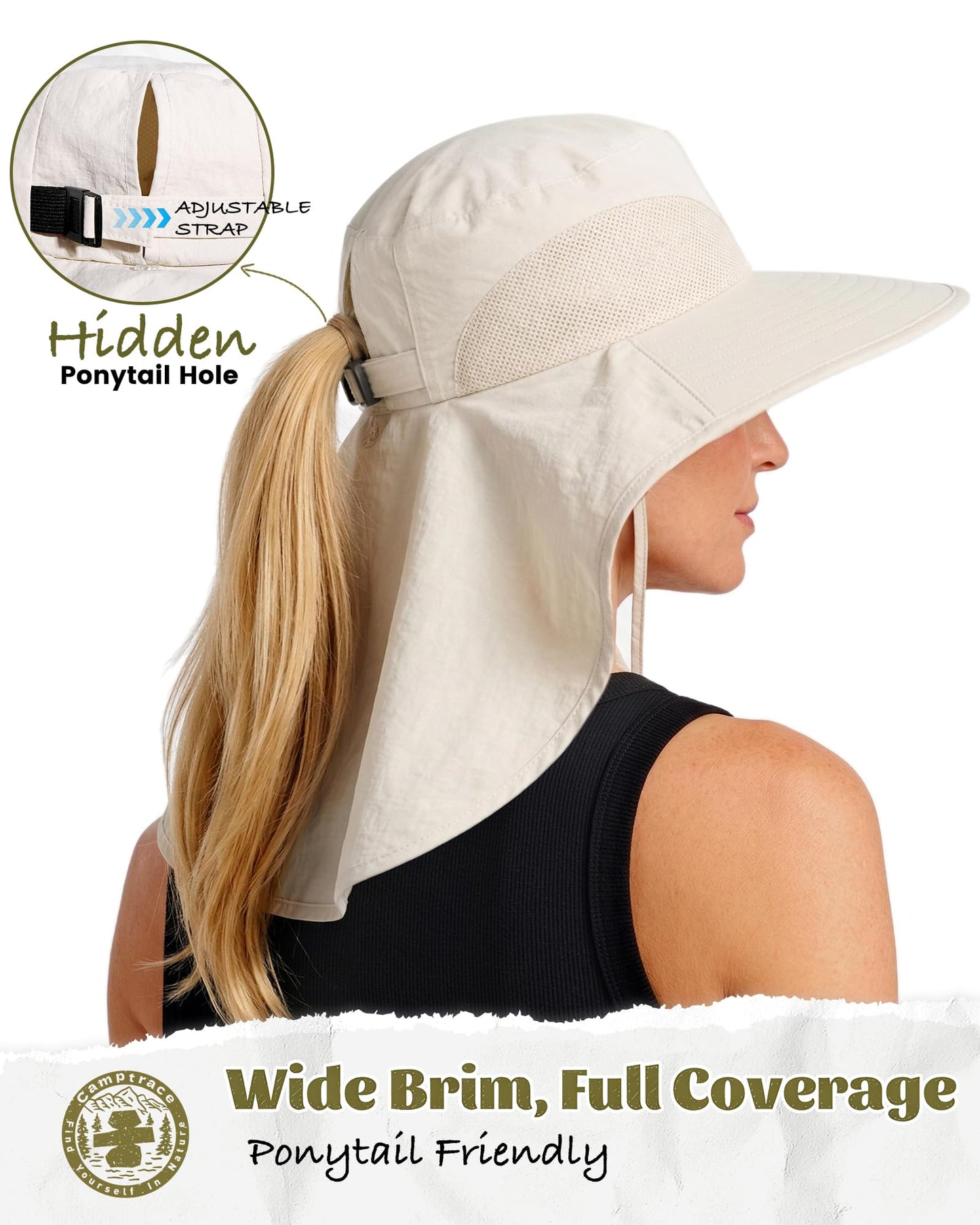 Camptrace Sun Hats for Women Men UPF 50+ UV Protection Wide Brim Hiking Fishing Hat with Neck Flap, Beige