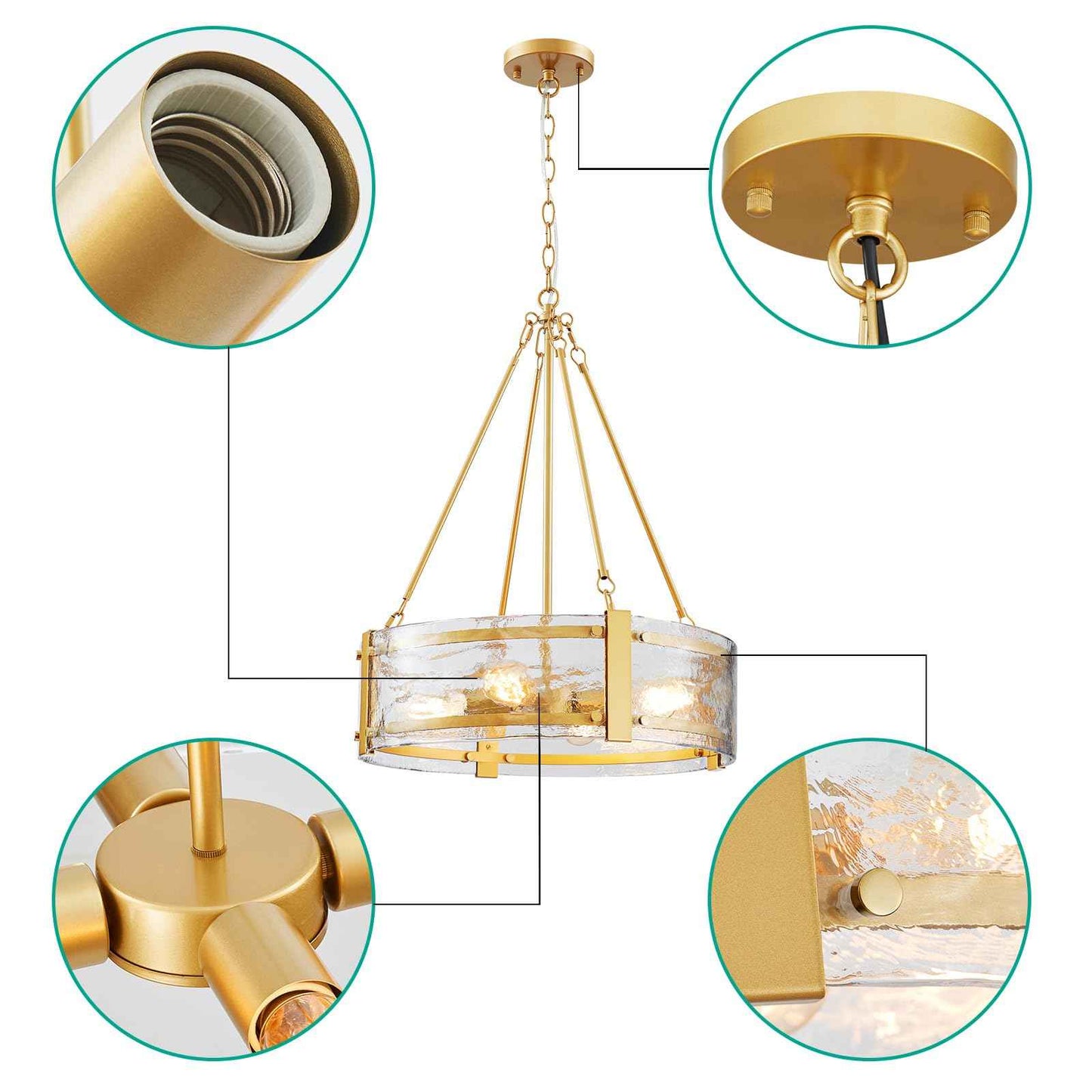 GlowEasely Modern Ripple Galss Chandelier, 4-Light Water Glass Pendant Light | Ribbed Glass, D20 * H29.5~78.2inch Height Adjustable, Fit for Dining Room, Living Room, Bedroom, Hallway, Kitchen, Foyer