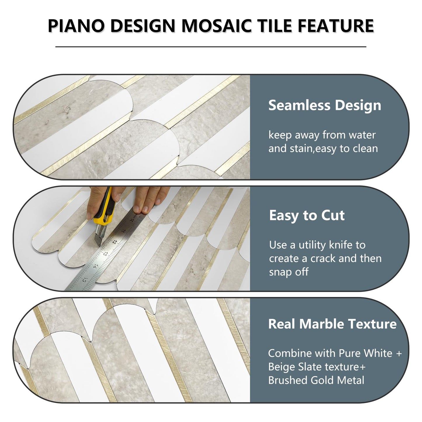 Vamos Tile Peel and Stick Backsplash Seamless Tile,1-Sheet Stick on Backsplash for Kitchen and Bathroom,White and Beige Slate PVC Mixed Metal Gold Self Adhesive Mosaic Tiles