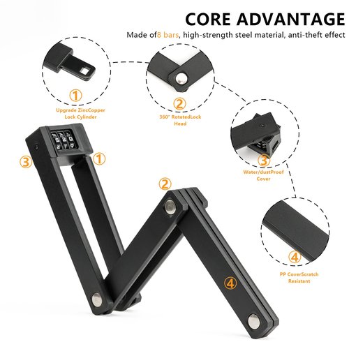 OFFBONDAGE Folding Bike Lock Combination with Mount Bracket Kit, 3-Digit Combo for Bicycles, Heavy Duty Anti-Theft, Anti-Cut Bicycle Lock for Electric Scooters