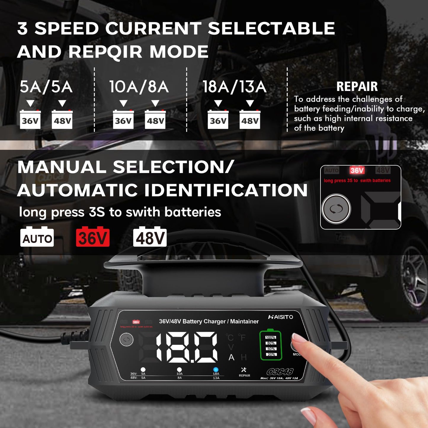 48V Golf Carts Battery Charger,18 AMP 36 Volt Lithium LIFEPO4 Battery Charger for Club Car 3-Pin Round Plug Black