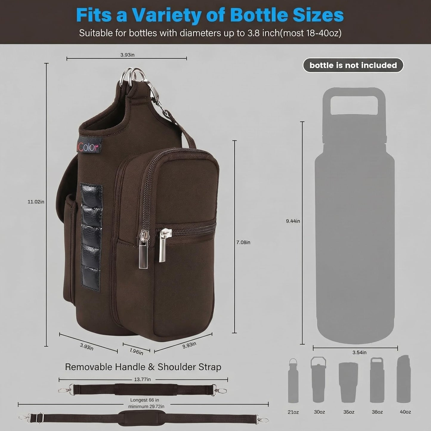 icolor Magnetic Gym Bag Water Bottle Carrier Holder with Phone Pockets & Shoulder Strap,Gym Magnetic Bag 5 Built-in Magnets Gym Accessories Organizer Sling Bottle Bag Pouch Sleeve (Neoprene, Brown)