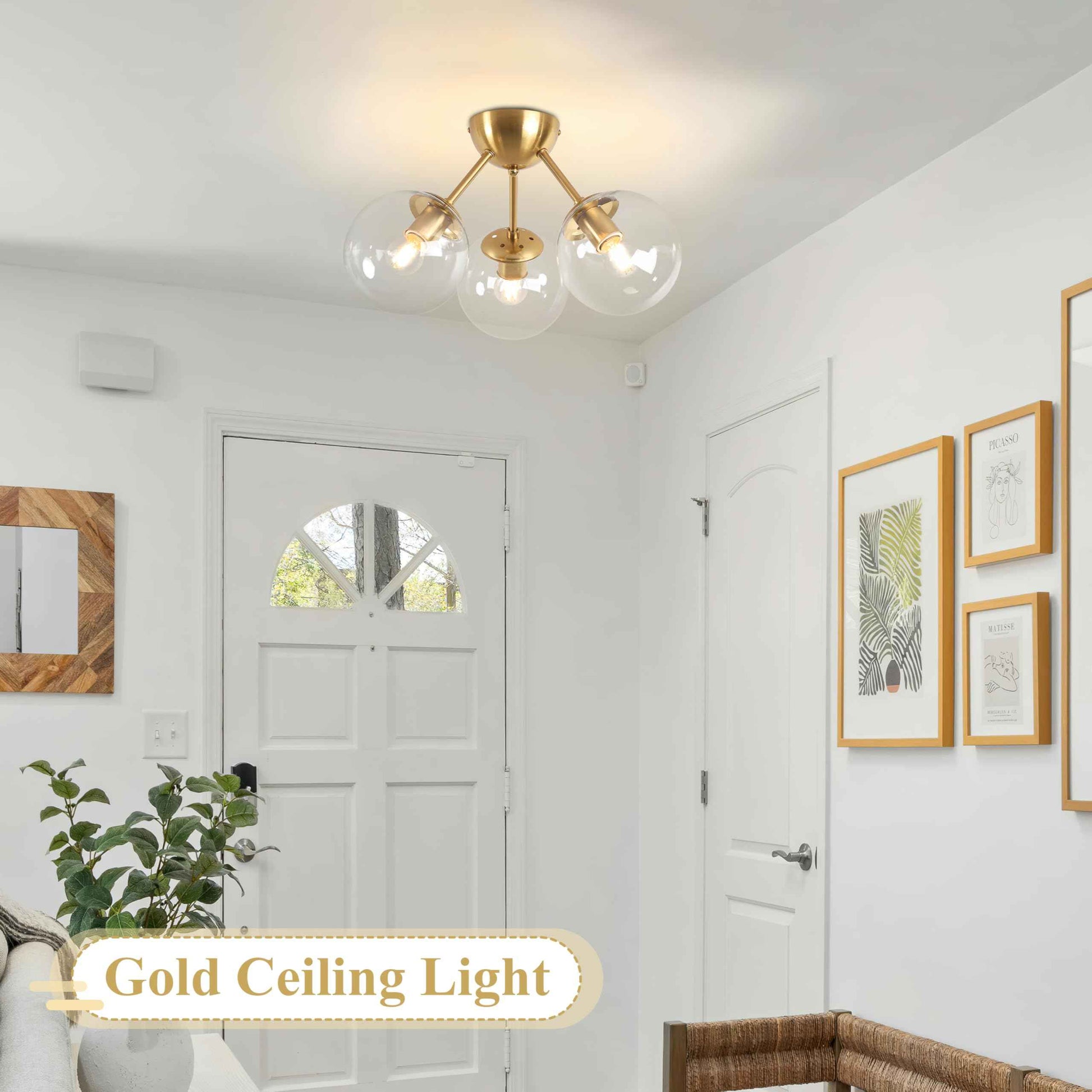 Bagood Mid-Century Modern Semi Flush Mount Ceiling Light 3 Lights Clear Glass Modern Globe Ceiling Light Gold Brass Sputnik Chandeliers for Hallway Entryway Kitchen Bedroom Laundry(Bulb Incl.)