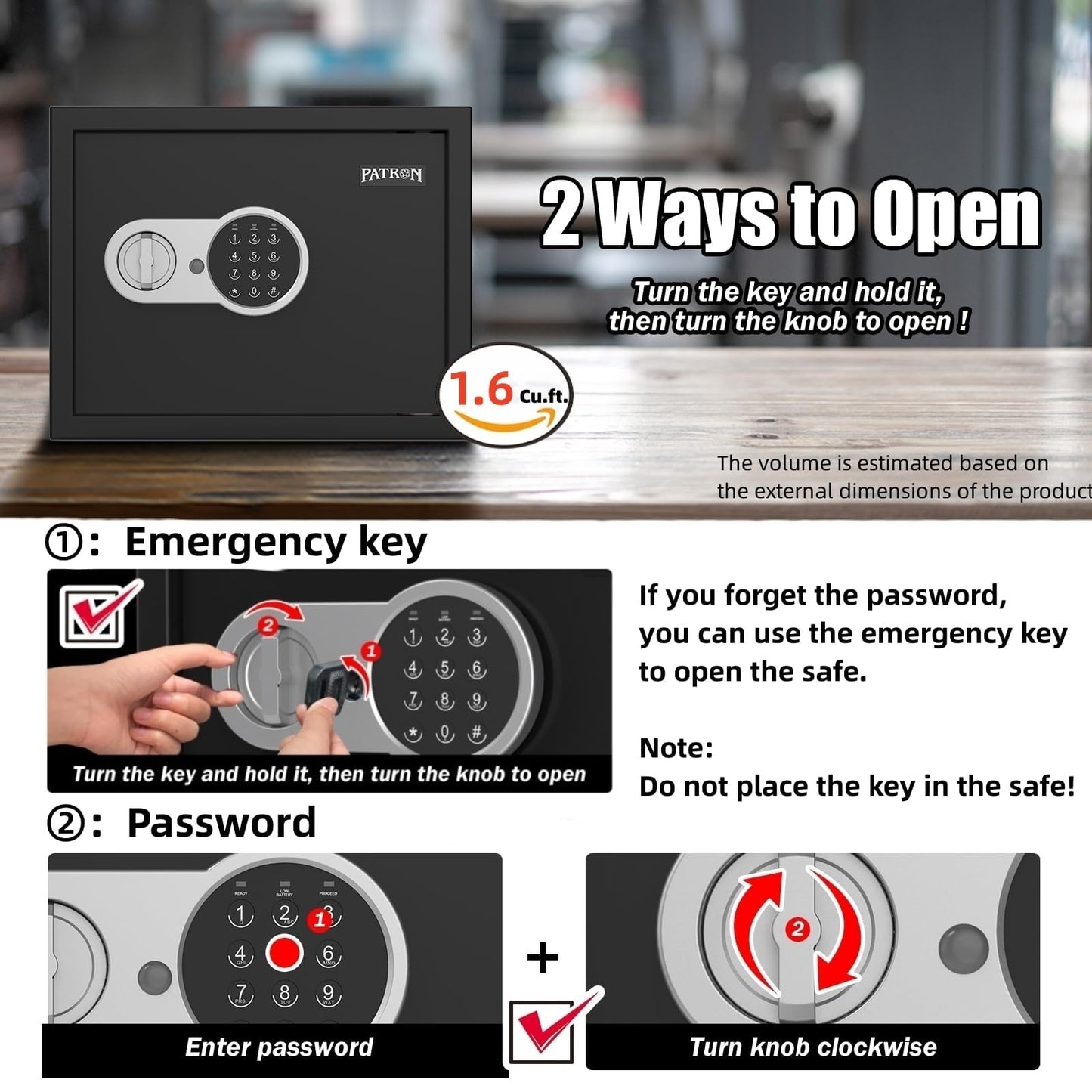 [ 1.6 Cu.ft. ]PATRON Fireproof Safe for Home,Document Safe Box Office,Digital Security Home Safes,Cabinet Safes for Money Cash,Wall Safes with Electronic Keypad for Hotel House Business,1.6 Cu.ft.