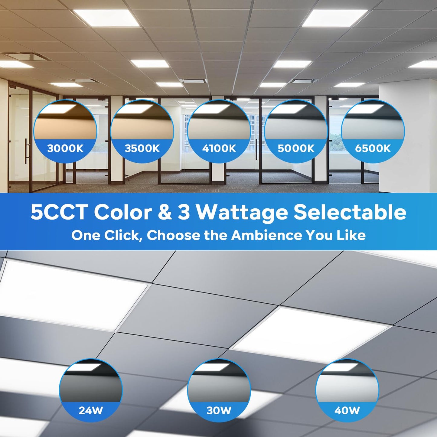 LVWIT 2x2FT LED Flat Panel Light for Drop Ceiling 2 Pack, 3000K/ 3500K/ 4100K/ 5000K/ 6500K 5CCT Selectable, 4800 Lumens Dimmable Drop Ceiling Lighting Fixture, 24W/ 30W/ 40W 3 Wattage
