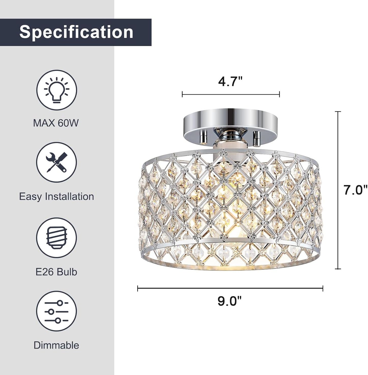 Modern Black Crystal Semi Flush Mount Ceiling Light Fixture - 11.2" Round Chandelier for Dining Room, Hallway, Kitchen & Bedroom
