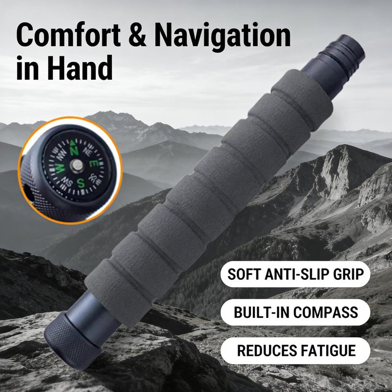 Trekking Pole Tactical Walking Stick, Multifunctional Lightweight Aluminum Collapsible Survival Hiking Pole with Storage Bag for Women Men Seniors Camping Backpacking (6-Section Gray Handle)