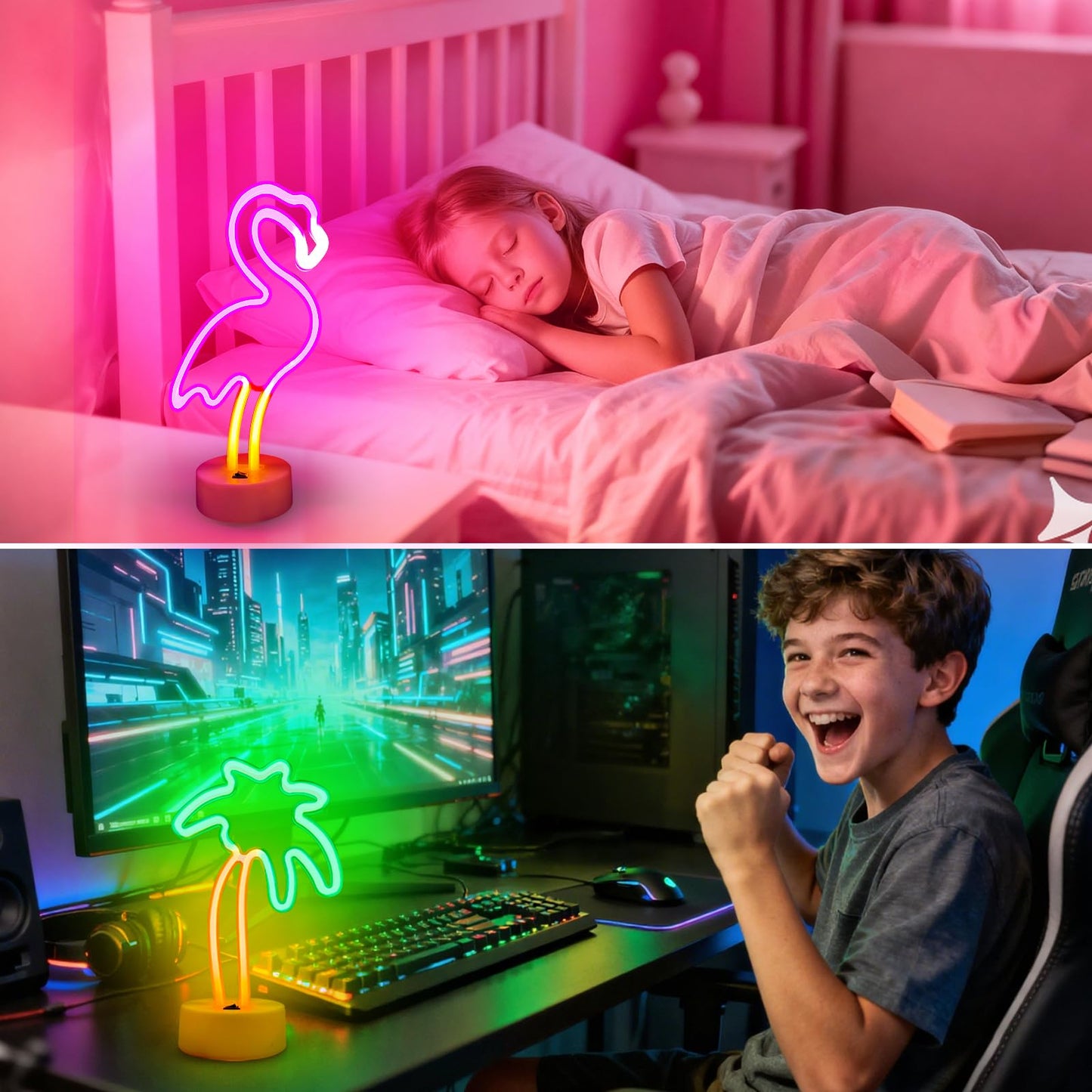 UrsaMajor 2 Pack Neon Signs, Pink Flamingo & Neon Palm Tree, USB/Battery Powered, Energy Efficient, Decor Lights for Girls Bedroom, Party, Dining Tables, Office desk, Valentine Gifts