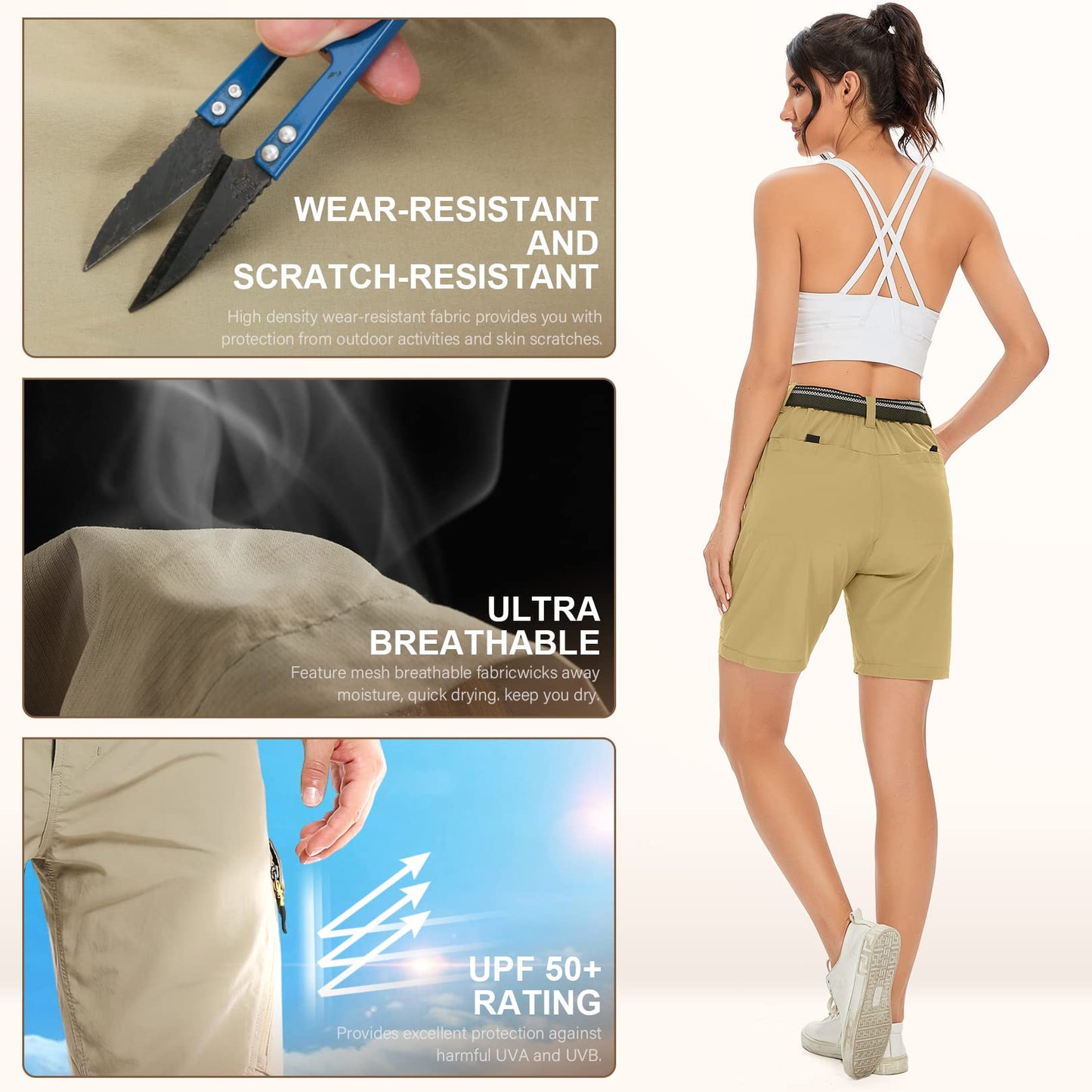Jessie Kidden Womens Stretch Cargo Hiking Shorts Quick Dry Elastic Waist 7" Casual Shorts for Women Khaki