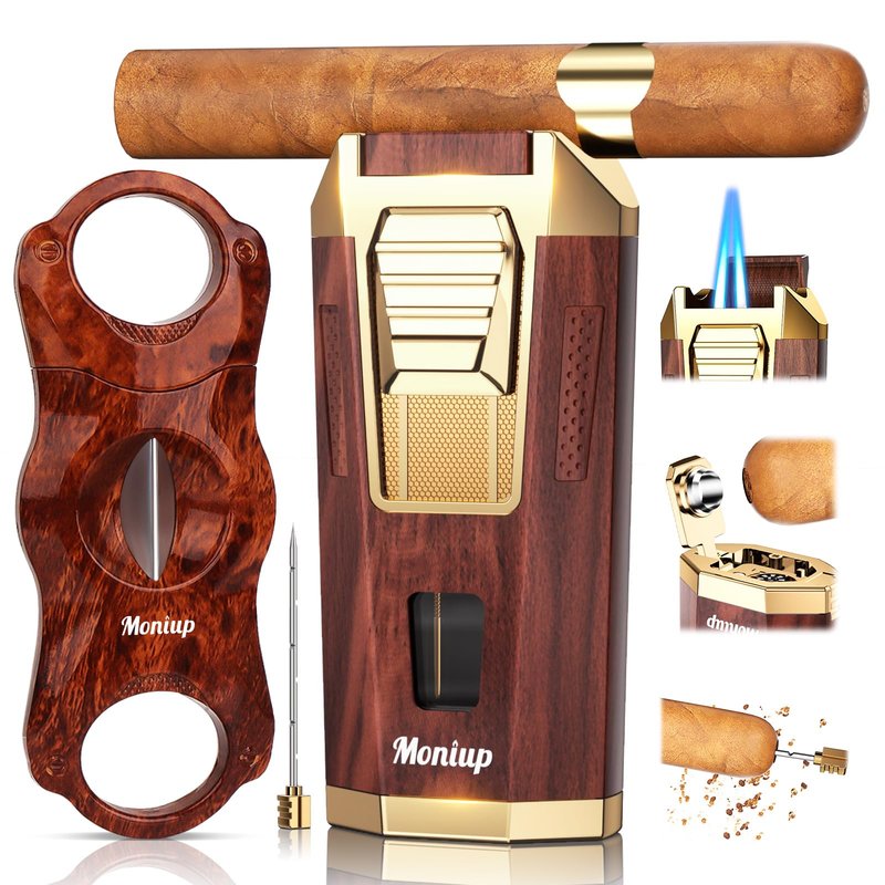 4-in-1 Torch Cigar Lighter, with Cigar V Cutter Set, Built-in Cigar Punch, Cigar Holder & Draw Enhancer, Cigar Accessories Gifts for Men, Dual Jet Flame Refillable Butane Lighters for Smoking, Travel
