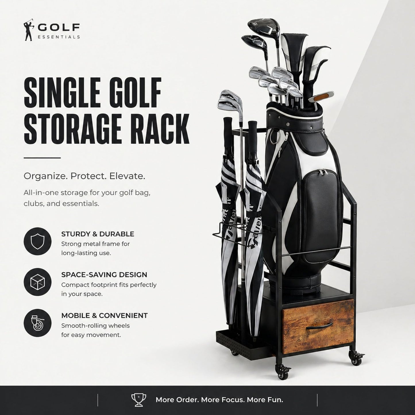 VonDream Golf Bag Organizer Rack with Wheels, Single Bag Storage for Garage