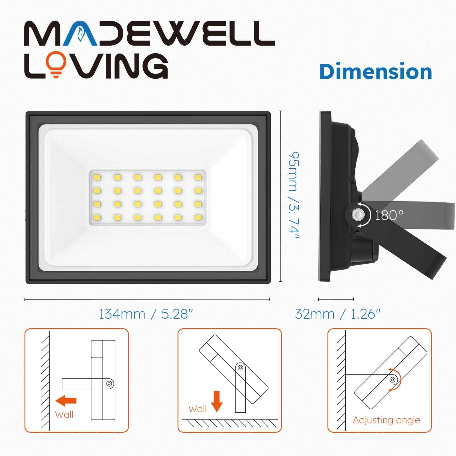 Madewell Living 2-Pack 30W LED Flood Lights Outdoor – 5400 Lumens Super Bright Security Lighting, IP66 Waterproof, 5000K Daylight – Energy-Efficient Outdoor Lights for Garage, Garden, Lawn, Backyard