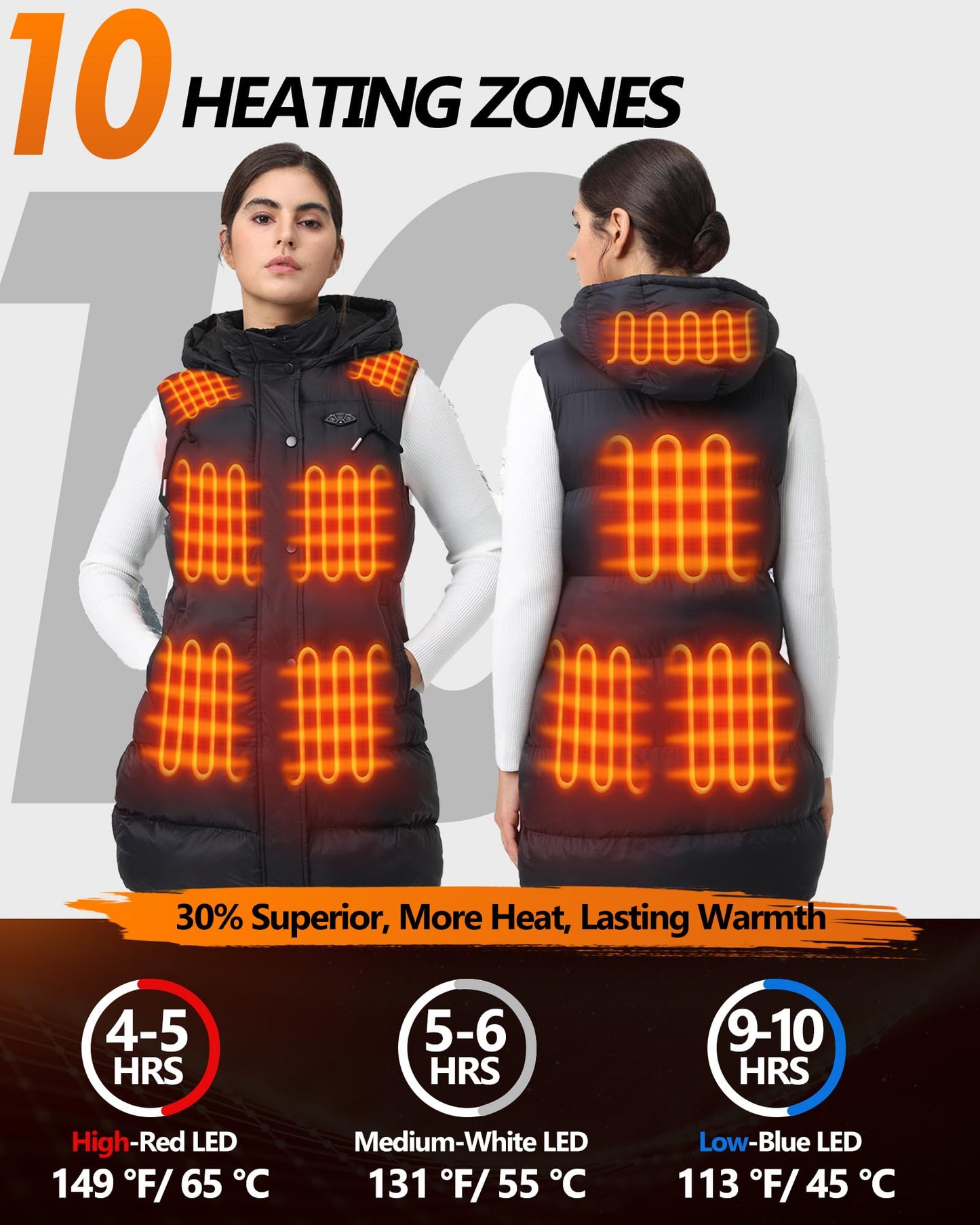 Topdot Long Puffer Heated Vest for Women with 16000mAh Battery Pack, 10 Heating Zones Hooded Winter Heated Vest Outwear,L