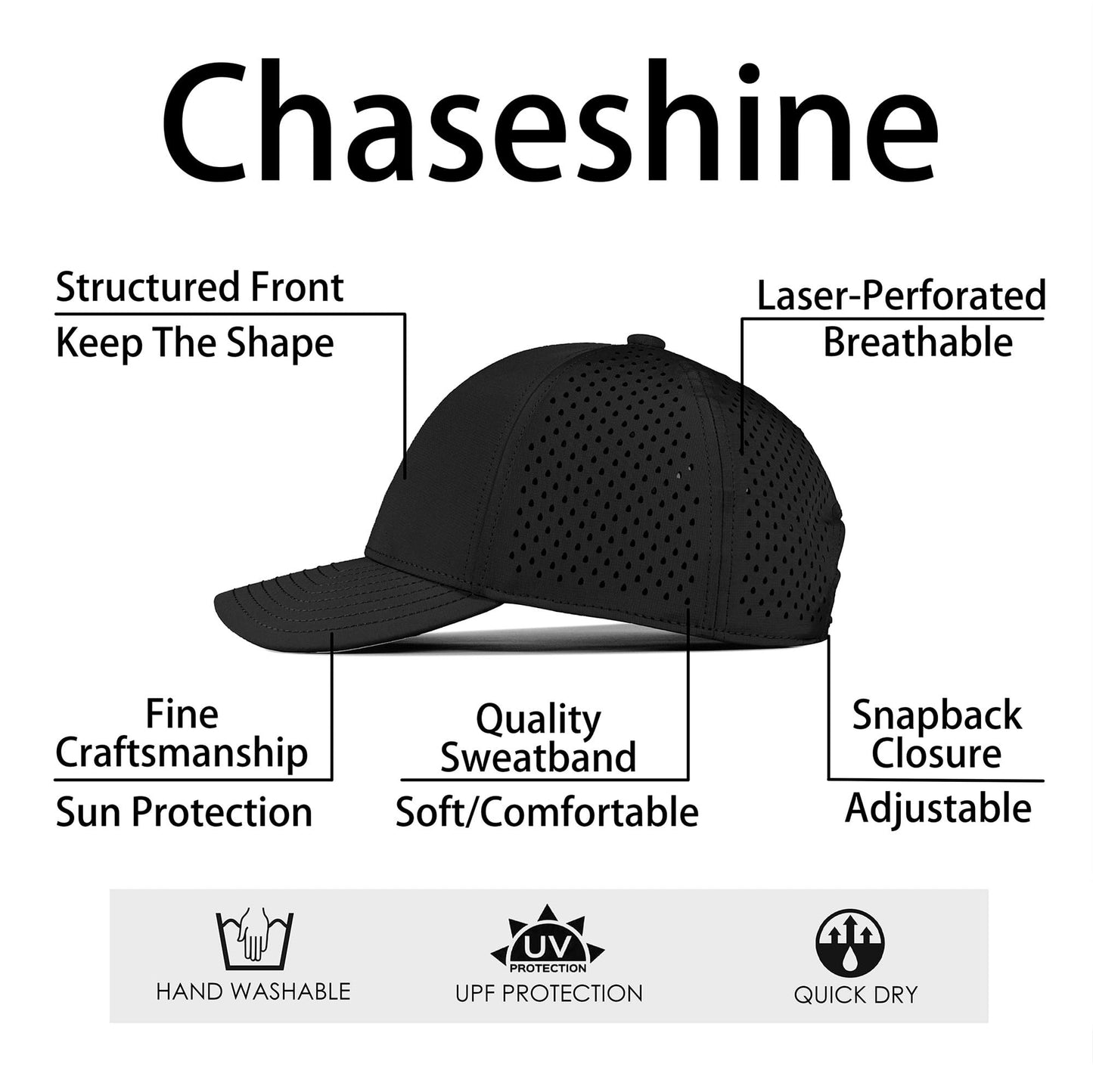 Chaseshine Performance Snapback Hats for Men Women,7 6 Panel Baseball Cap,Golf,Running,Workout