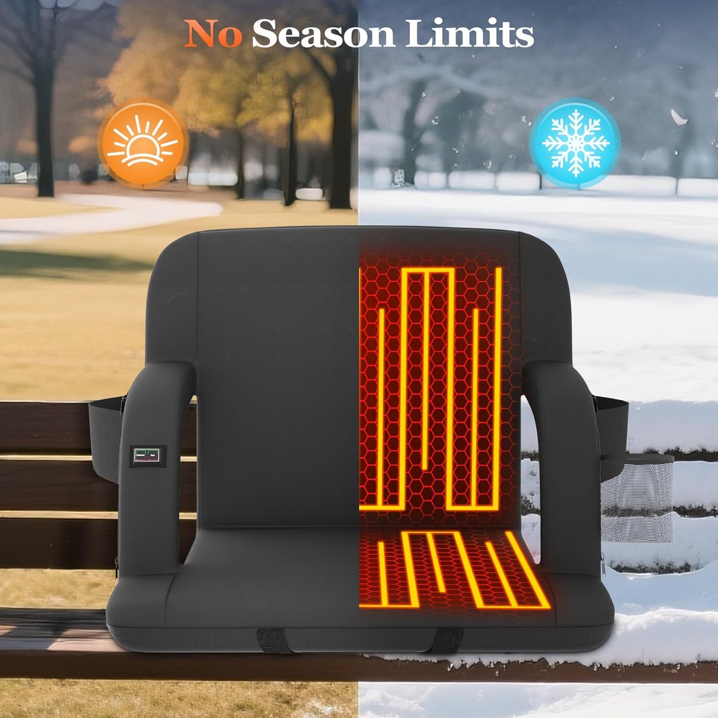 Seeutek Heated Stadium Seats - Comfortable Bleacher Chair with Back Support & 3 Heat Levels | 23-Inch, 5 Pockets