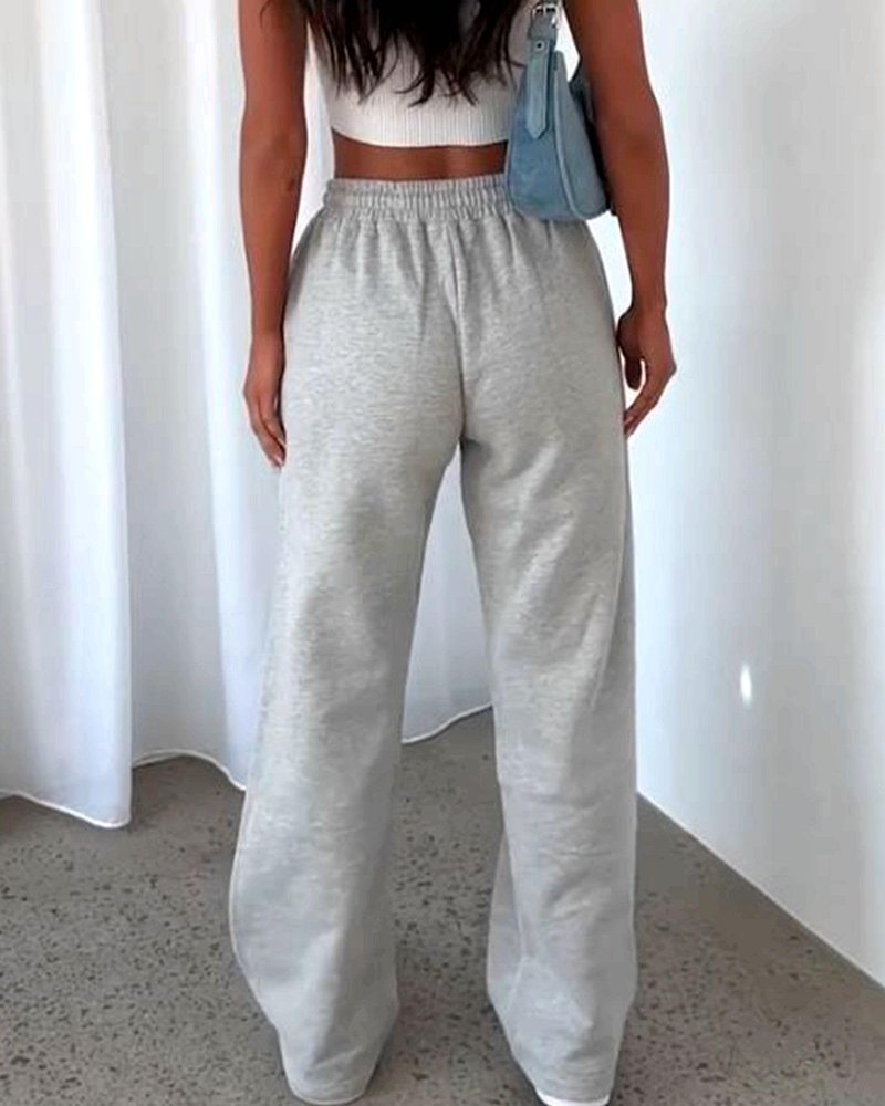 AROGONE Womens Baggy Fleece Lined Sweatpants Wide Leg Drawstring High Waisted Sweat Pants Winter Straight Leg Sweats with Pockets Grey L