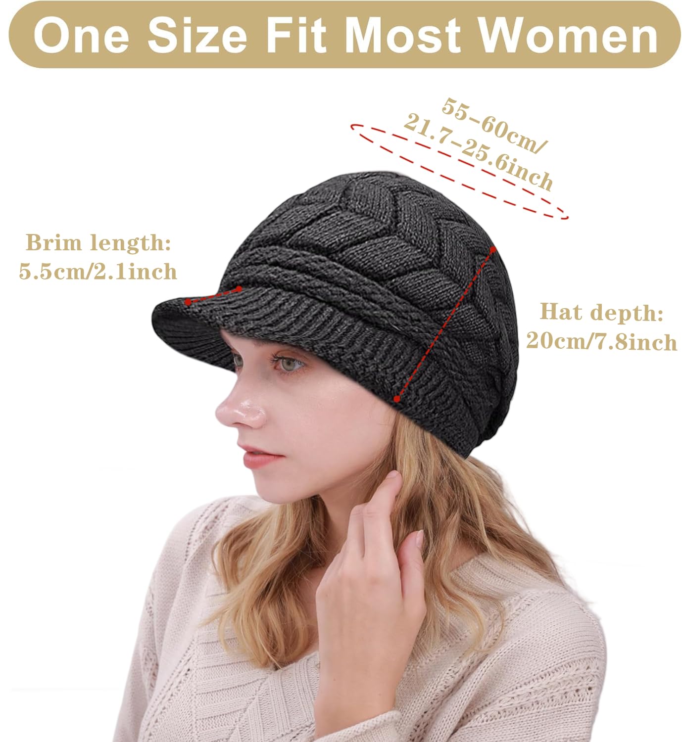 stablerice 4 Pack Womens Winter Beanie Hats Thick Warm Knit Hat with Visor Brim Wool Snow Ski Caps Chunky Soft Slouchy Cap Women Newsboy Caps Ladies Hat Knit Hats for Women