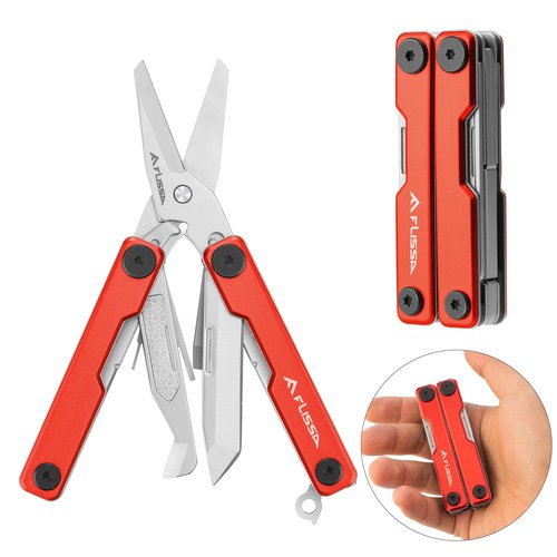 FLISSA Multitool Scissors, 11-in-1 Multi Tool Pocket Knife, Stainless Steel Mini Multitool with Bottle Opener, Screwdriver, Aluminum Handles, Spring - EDC for Outdoor, Camping, Hiking, Fishing, Red