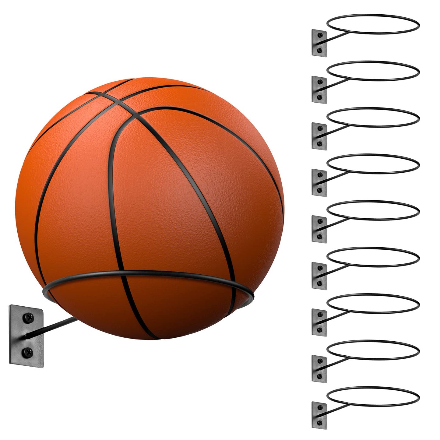 Lounsweer 10 Pcs Ball Storage Holder Wall Mount Metal Basketball Display Rack Sports Room Decor for Basketball Football Volleyball Soccer(4.13 Inch)