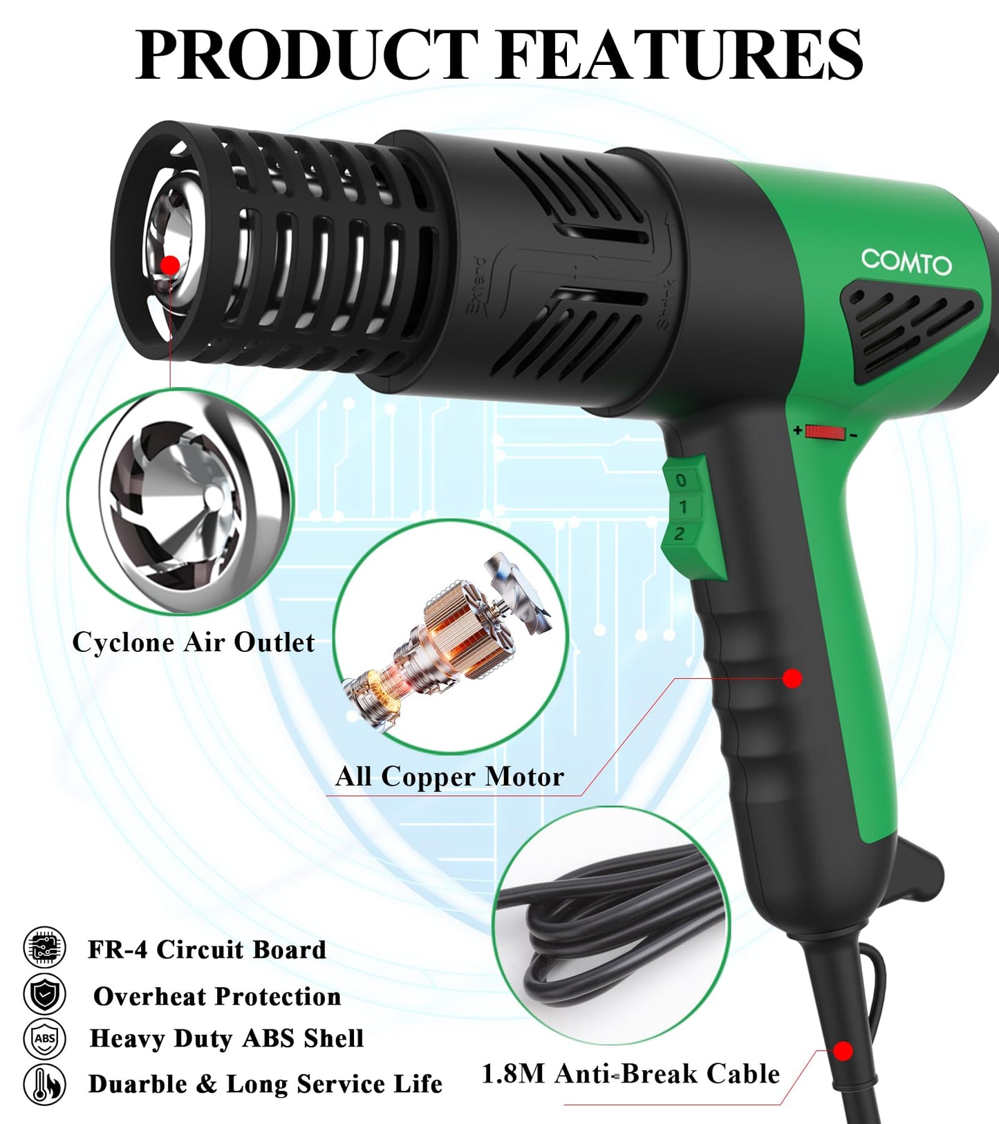COMTO 1800W Industrial Heat Gun, Fast Heating 122℉-1202℉ Variable Temperature Control Overheat Protection 2 Speed Air Flow with 4 Nozzles for Crafts, Shrinking Tubing, Vinyl Wrap (SG-1004)
