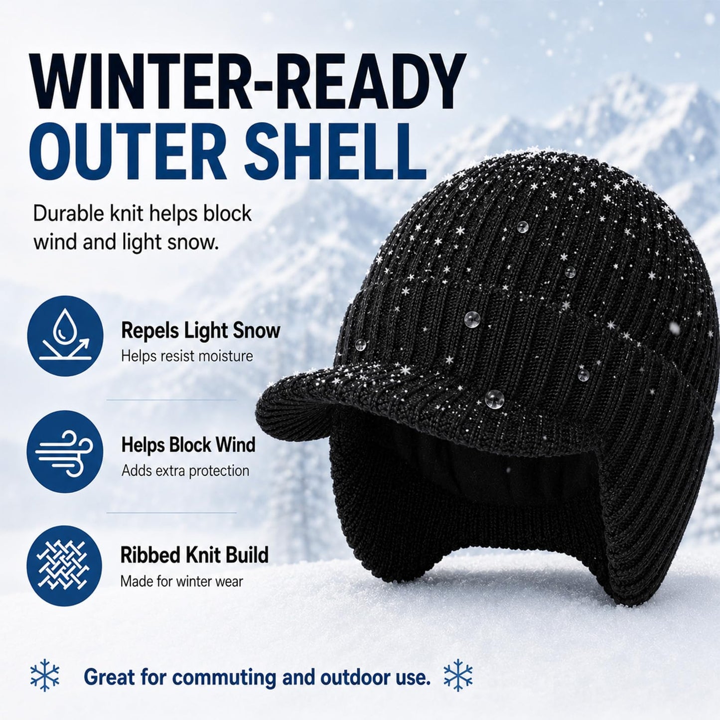 M/L/XL/XXL Waterproof Merino Wool Brim Beanie for Men with Ear Flap, Outdoor Warm Fleece Lined Knit Winter Hat for Big Heads