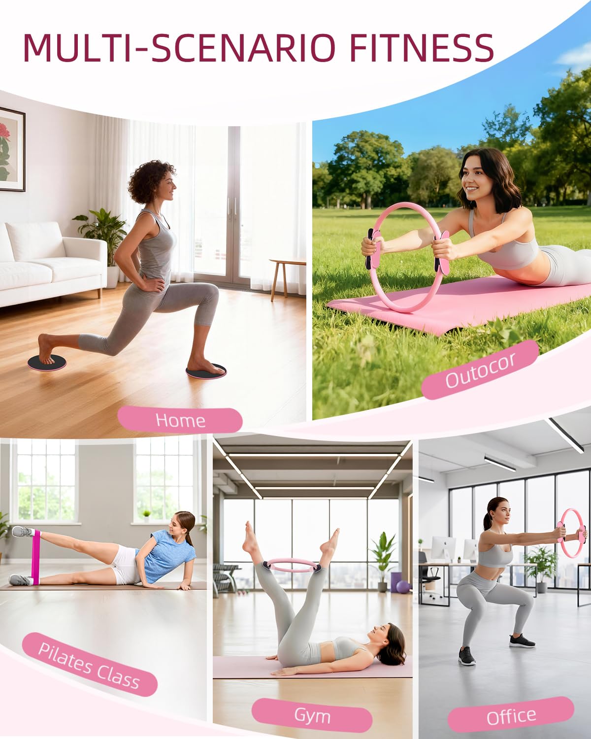 Abahub Pilates Ring Set, Home Workout Pilates Equipment, 14”Magic Circle, Yoga Ball, Resistance Bands, Sliding Disks, Socks, Workout Guide & Bag, Pilates Starter Kit for Strength, Pink Set