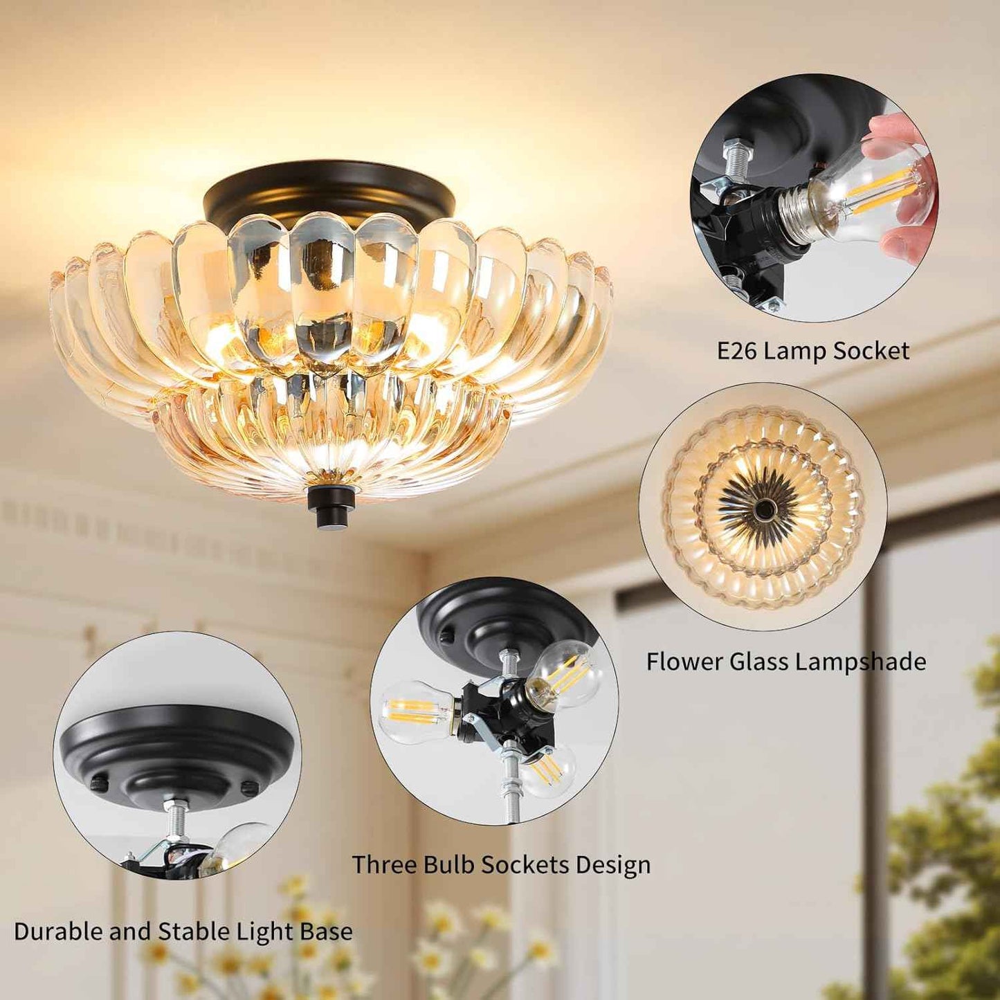 Modern Semi Flush Mount Ceiling Light Fixture with Brown Glass & Black Base - Ideal for Living Room, Kitchen, Bedroom, Hallway (Bulb Not Included)