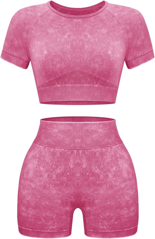 OLCHEE Women's Workout Sets - Seamless Acid Wash Yoga Outfit | 2-Piece Shorts & Crop Top Set