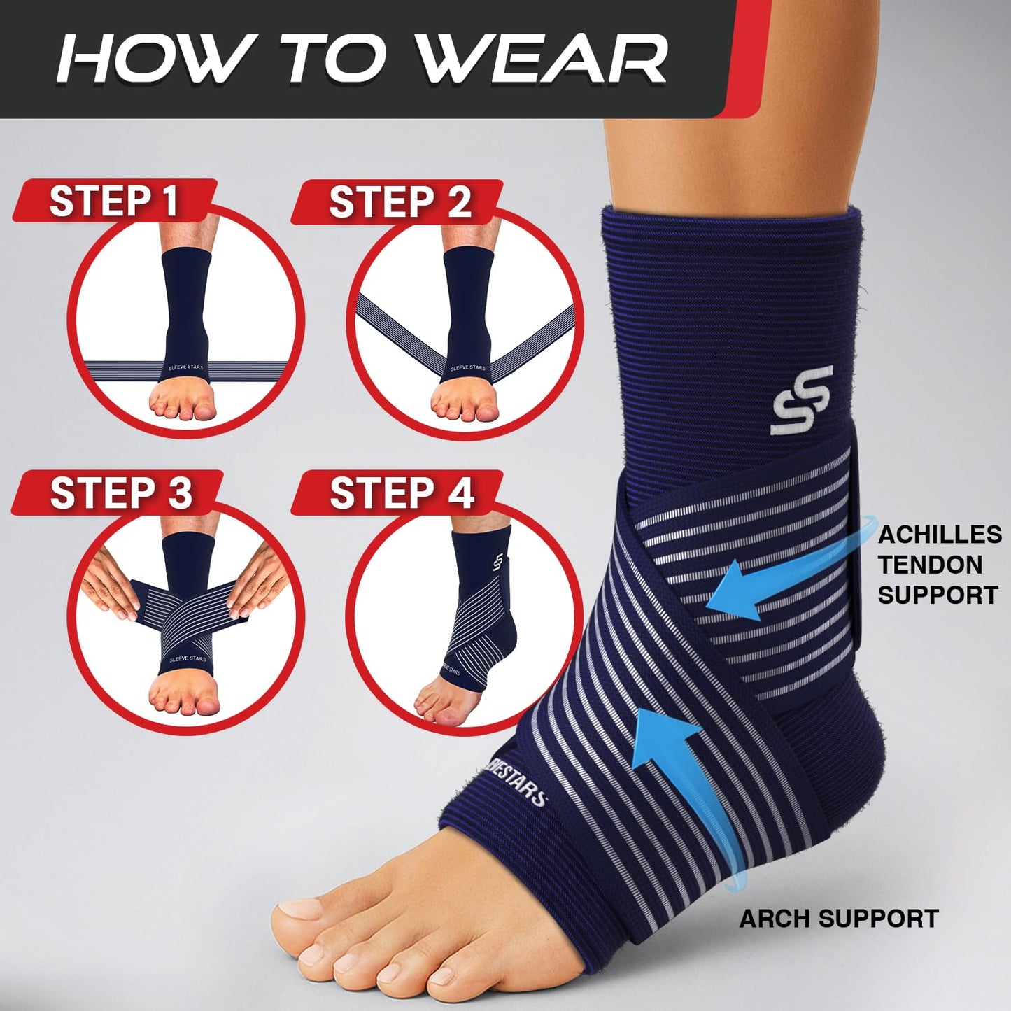 Sleeve Stars Ankle Brace for Women & Men, Ankle Wrap for Sprained Ankle, Compression Sleeve for Plantar Fasciitis Relief, Easy Customizable Support: w/Removable Strap (Pair/M:10"-12"/Navy Blue)