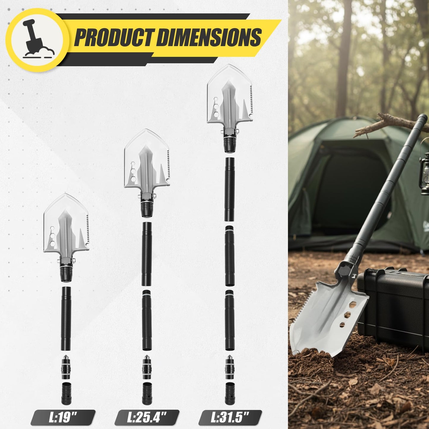 CIRONBOW Folding Camping Shovel Axe Kit，Multifunctional Survival Shovel with Stainless Steel Pickaxe ，pliers,Compass，Locking scissors，Magnetic flashlight- For Camping, Snow, Hiking, Survival Gear