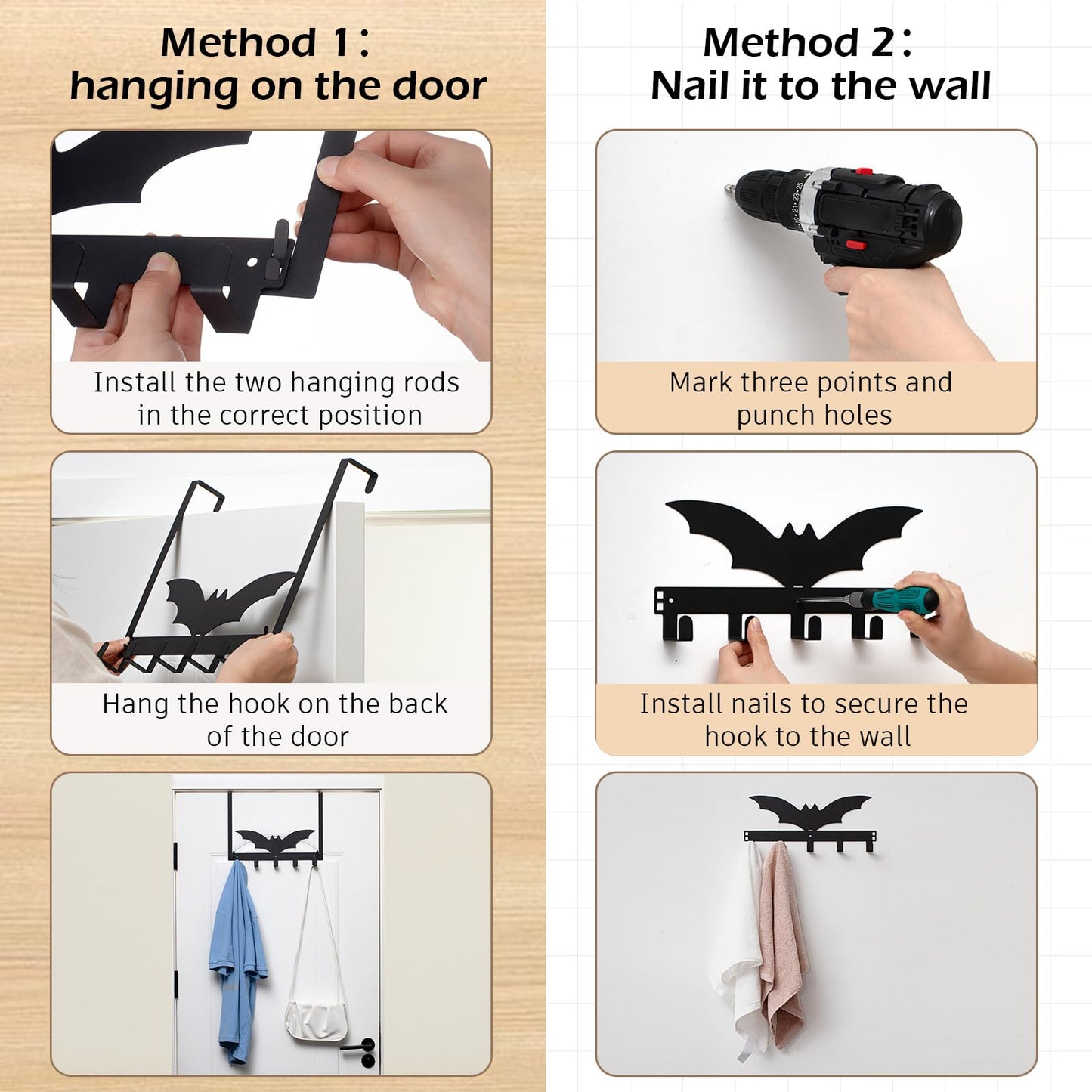 Reallnaive Bat Over The Door Hooks Halloween Gothic Bathroom Decor Hanger Wall Mount Rack Holder for Towel, Hat, Coat, Cloth, Keychain, Bag, Home Organizer