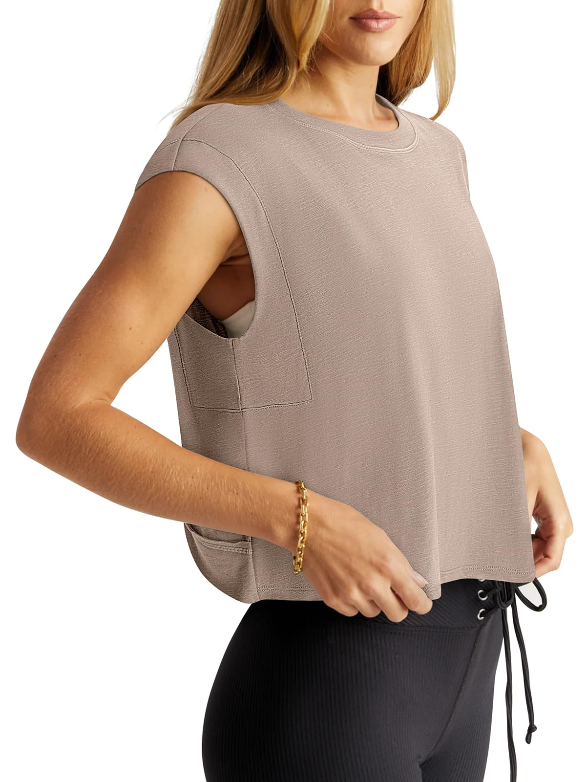 LASLULU Womens Open Back Workout Tops Short Sleeve Crop Tank Tops 2026 Summer T-Shirts Loose Athletic Yoga Pilates Exercise Running Gym Shirts(Apricot, Medium)