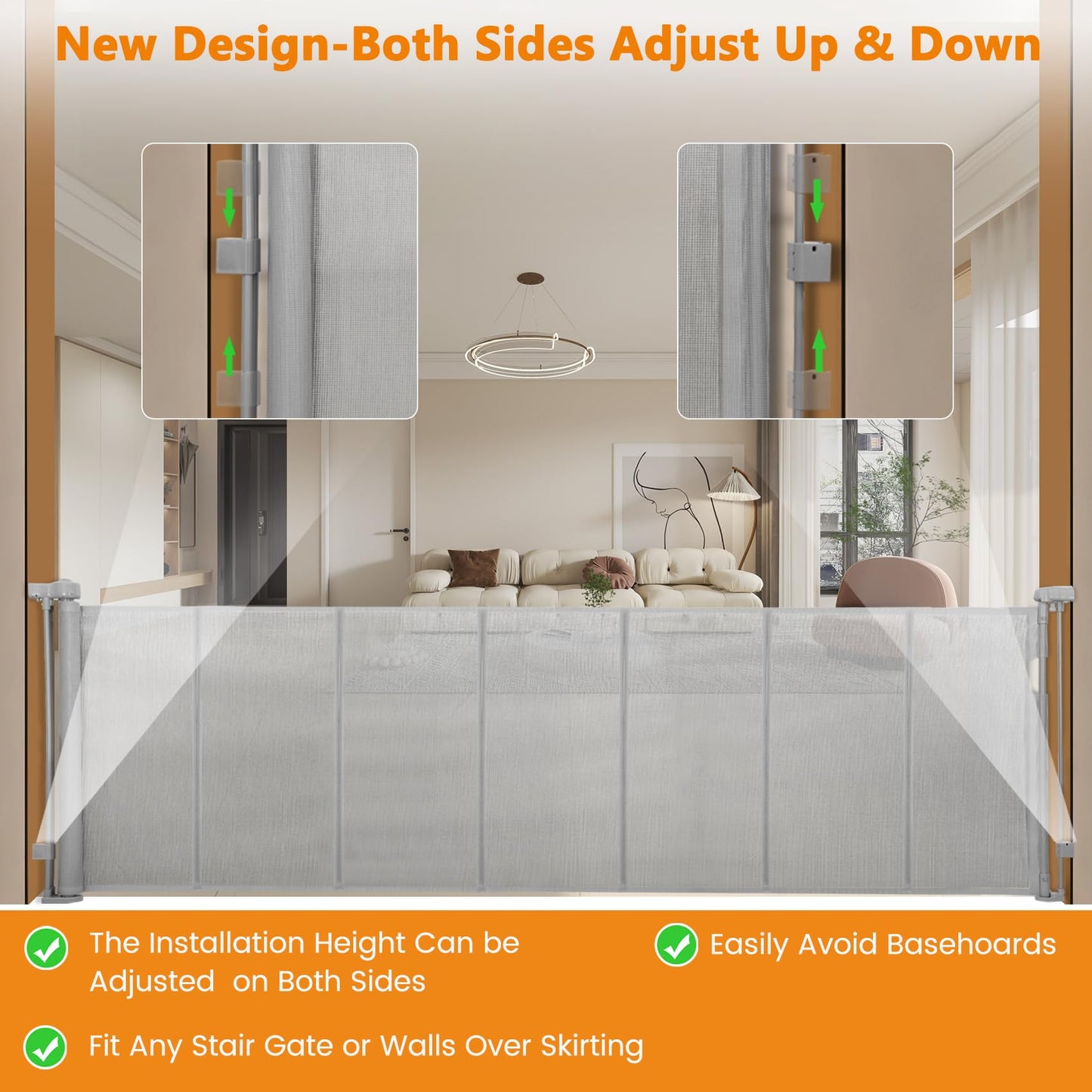 Innovative Retractable Baby Gates with Reinforced Strip,150" Extra Wide Mesh Baby Gate, 35" Tall One-Handed Operation, Double Locking Desion for Doorways Hallways Indoor Outdoor