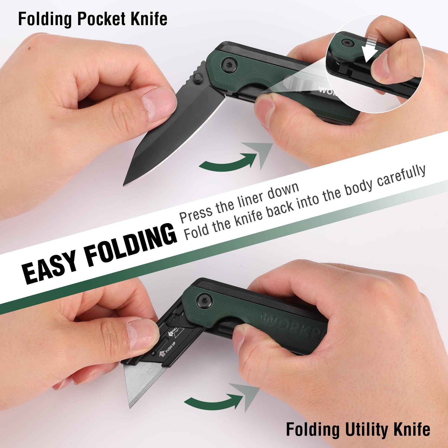 WORKPRO 2-in-1 Folding Knife/Utility Knife, Quick-Change Box Cutter with Belt Clip, Liner Lock, and G10 Handle, Extra 10 SK5 Blades Included, Green