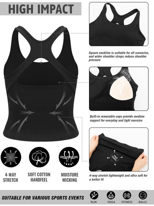 RUNNING GIRL Black Sports Bras for Women, Racerback Molded Cup Padded Yoga Cropped Workout Tops for Women with Removable Pads(3073_Black_M)