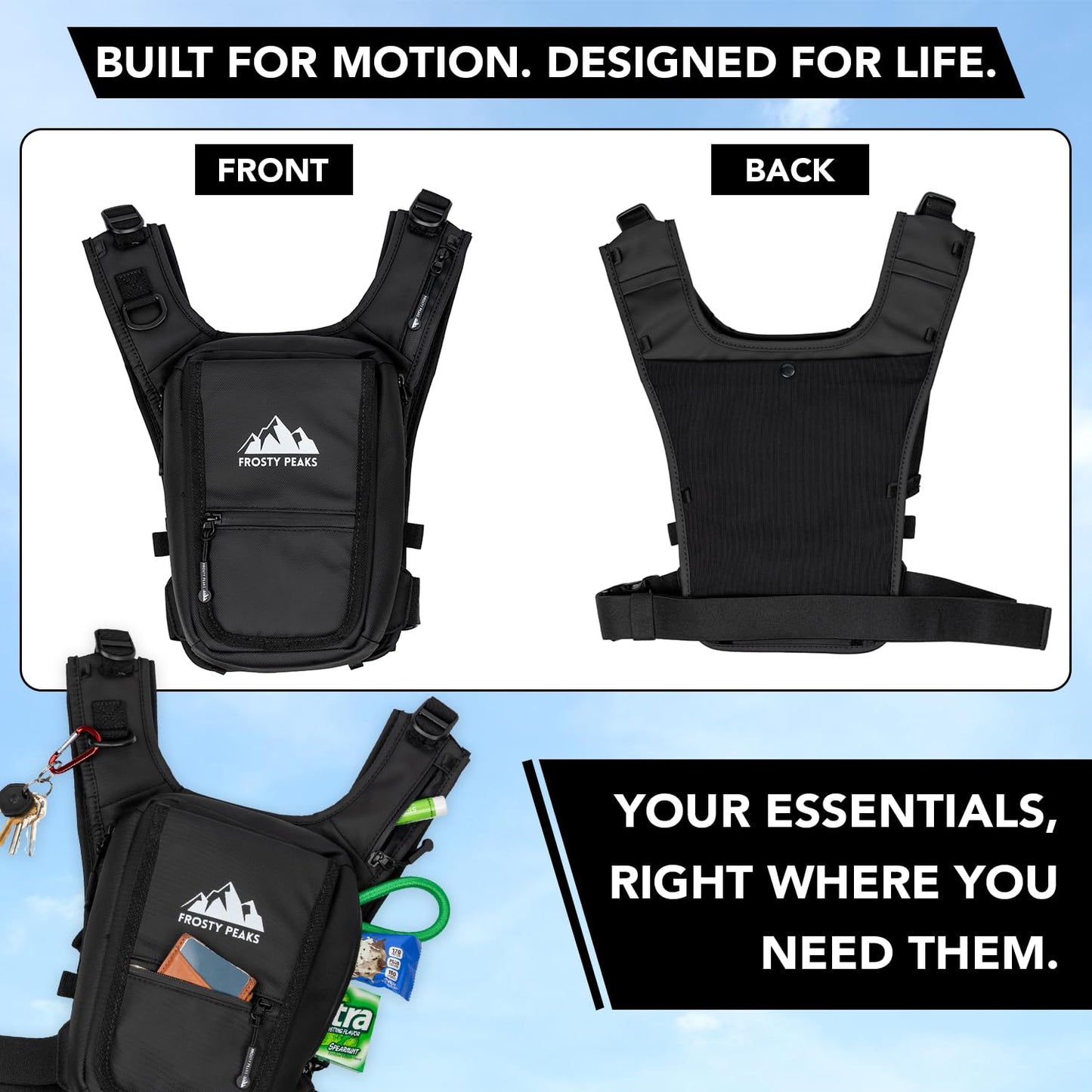 FROSTY PEAKS Chest Pack for Hiking, Skiing, Running & Travel, Minimalist Chest Rig Bag with Easy-Access Phone Pouch, Dual-Access Pocket, Card & Cash Slot, Adjustable Vest Pack for Men & Women