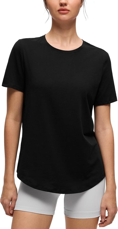 CRZ YOGA Pima Cotton Crewneck T-Shirts for Women - Soft Athletic Short Sleeve Yoga Tops