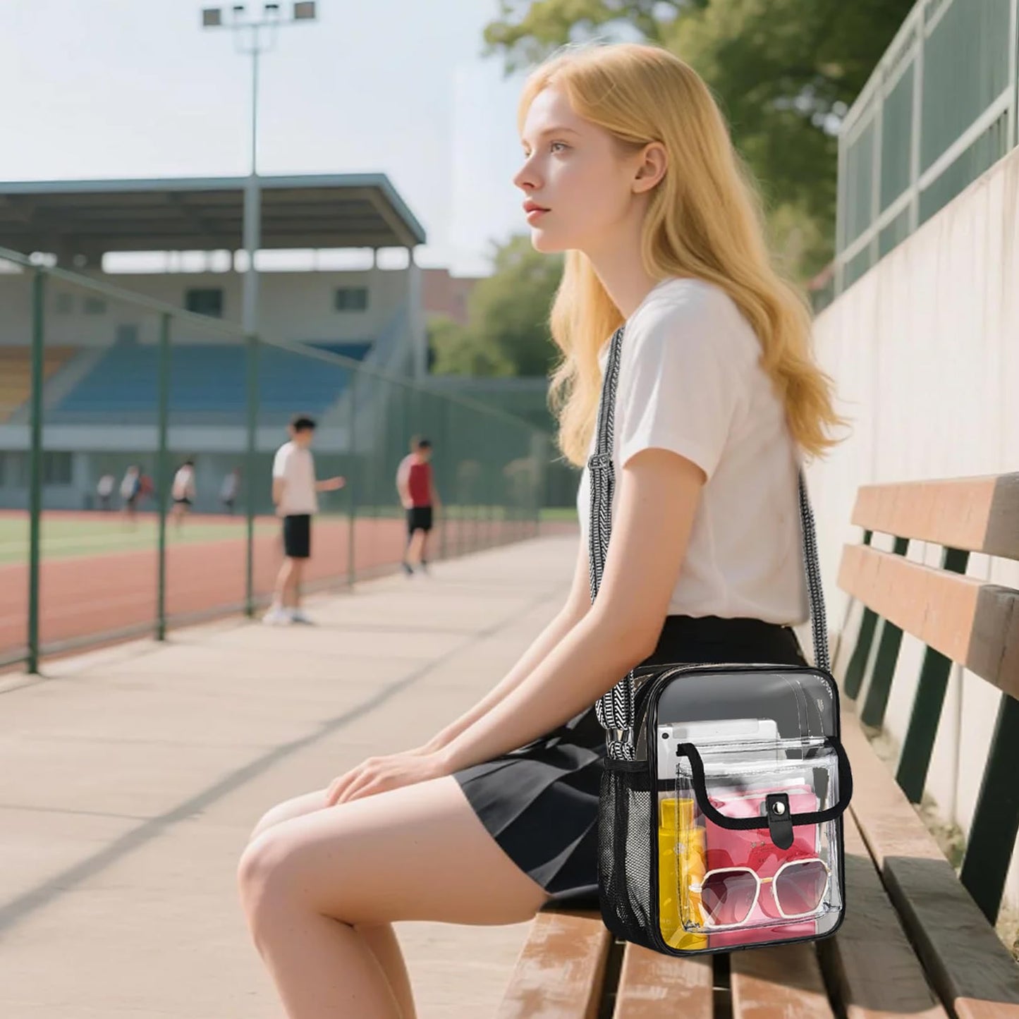 SPODEARS Black Clear Crossbody Bag with Guitar Strap for Stadium, Concert, Festival & More - Adjustable Shoulder Strap & Bottle Holder, Medium