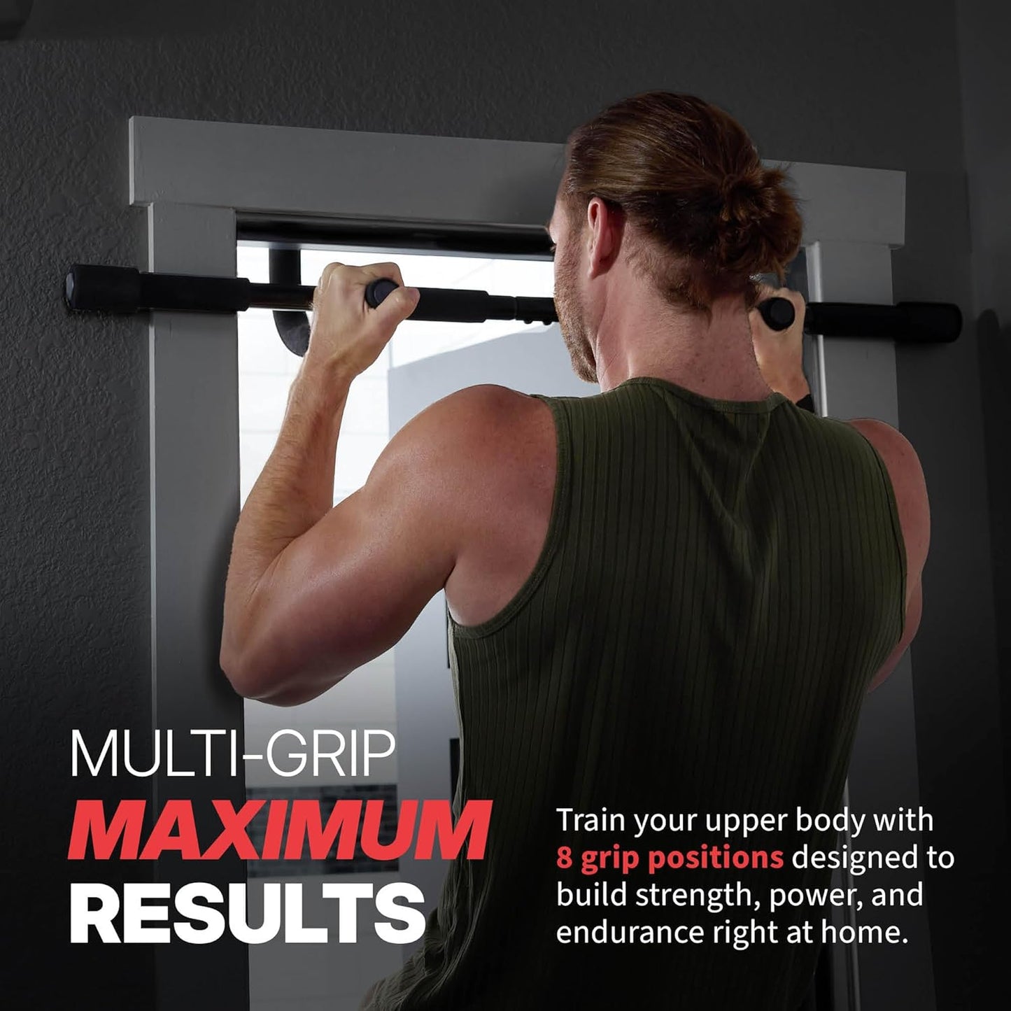 SPRI Pull Up Bar - Versatile 8-Grip & 12-Grip Door Frame Mounting - Rugged Steel, Foam Handles, 300 lb Support - Fits Up to 32 in. Wide - Black